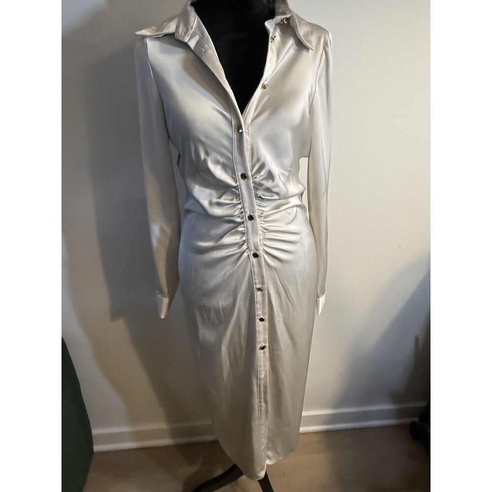 Zara White Satin Midi Shirt Dress — Ruched Front, Gold Buttons, Long Sleeve